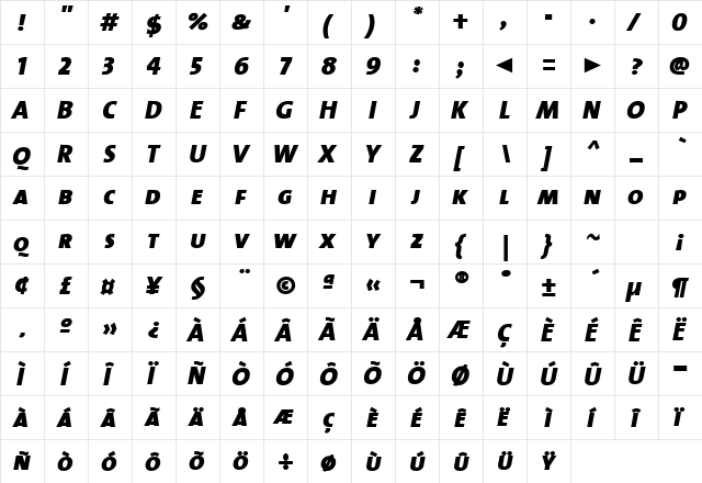 TheSansBlack-CapsItalic Regular  glyph index
