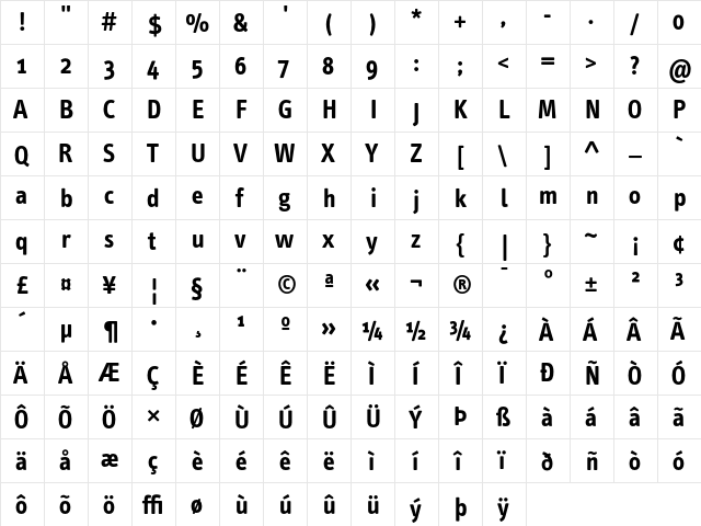 InfoText Bold  glyph index