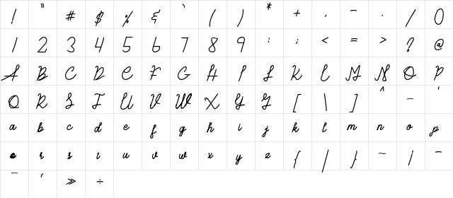 Vandyora Script Regular  glyph index