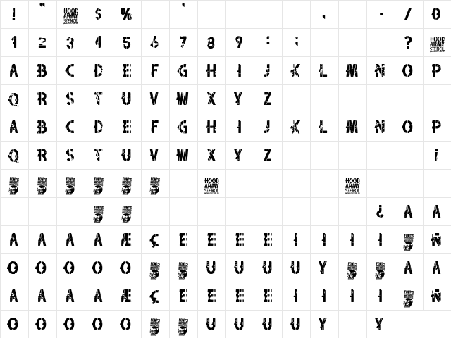 Hood Army Stencil Regular  glyph index
