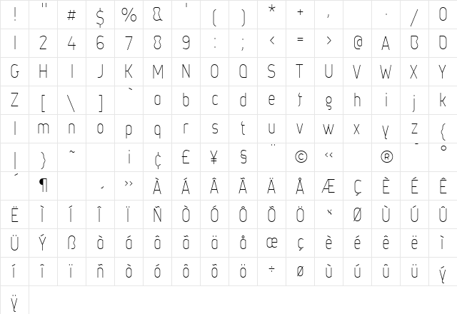 MetsysThin Regular  glyph index
