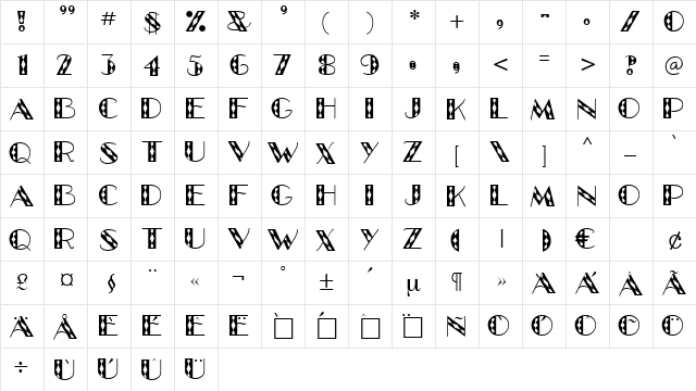 Manege Regular  glyph index