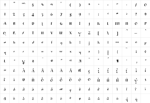 TruStar Regular  glyph index