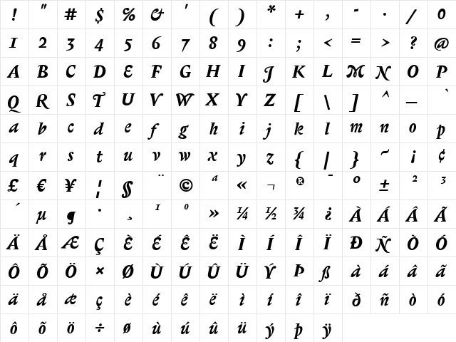 Biblon Bold Italic  glyph index