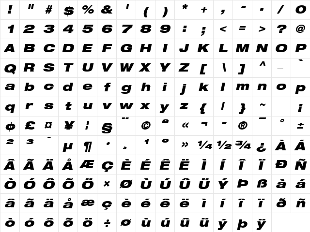 Helvetica Neue LT Com 93 Black Extended Oblique  glyph index