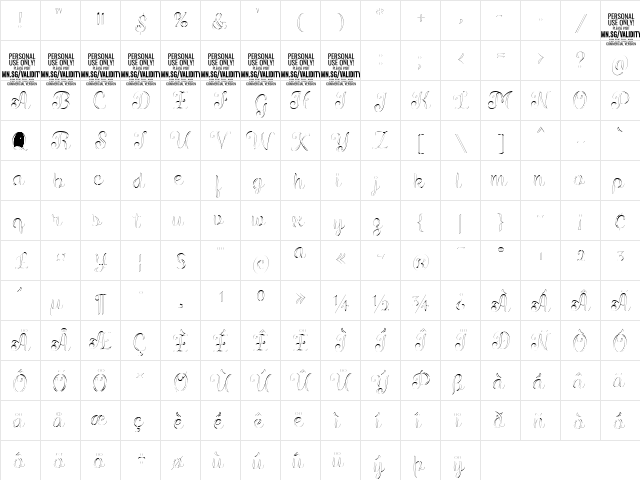 Validity Script Thin PERSONAL U Regular  glyph index