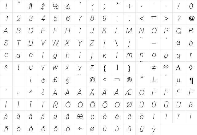 AtkinsUltraLight RegularItalic  glyph index