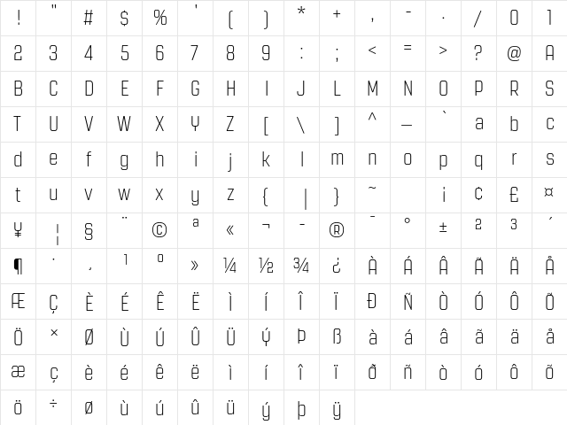 Revolution Gothic Regular  glyph index