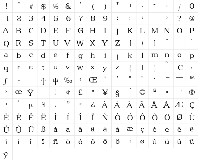 Penthouse-Light Regular  glyph index
