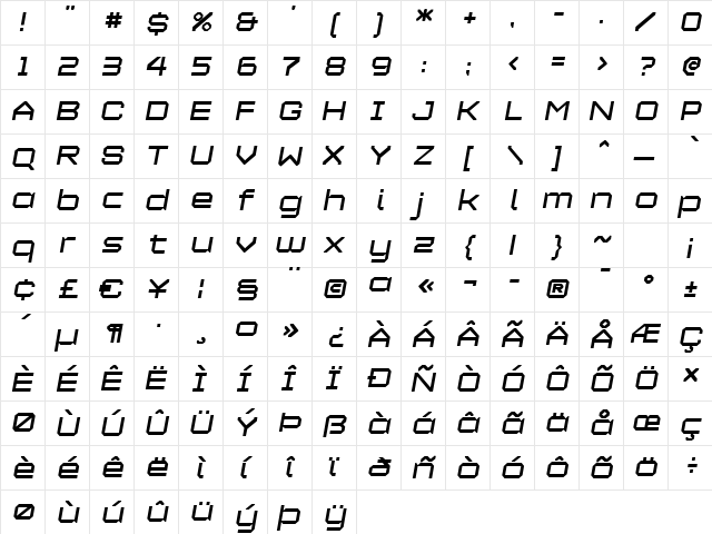 Maetl Oblique  glyph index