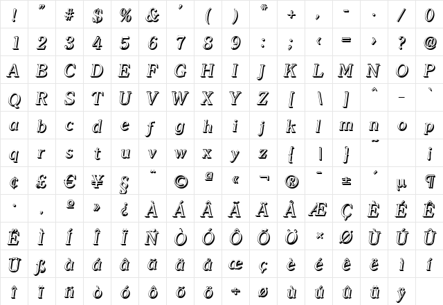 ClearfaceShadow Italic  glyph index