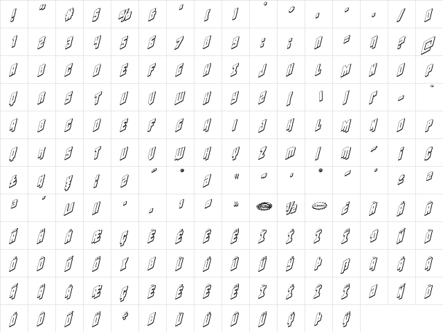 Galaxy Force 3D Italic Italic  glyph index