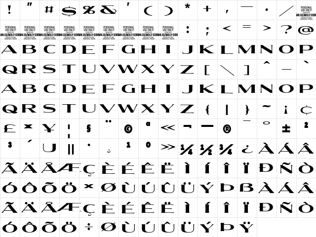 Molly Serif XE PERSONAL Bold  glyph index