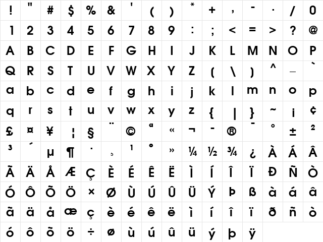 AvantGarde LT Book Bold  glyph index