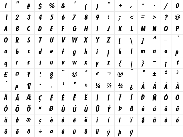 Futura Condensed Bold Oblique  glyph index