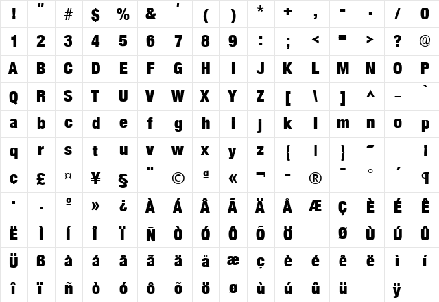 SansCondLH Bold  glyph index