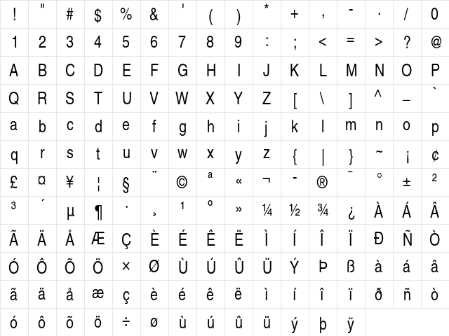 Helvetica Narrow  glyph index