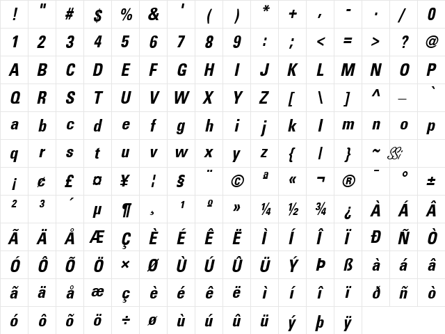 Nova Condensed SSi Bold Condensed Italic  glyph index