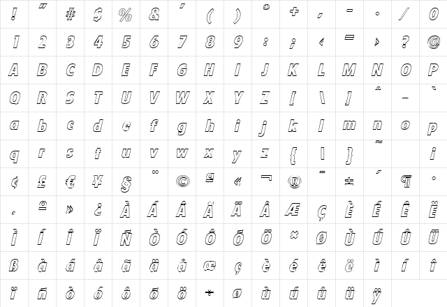 LuisBeckerOutline-ExtraBold Italic  glyph index