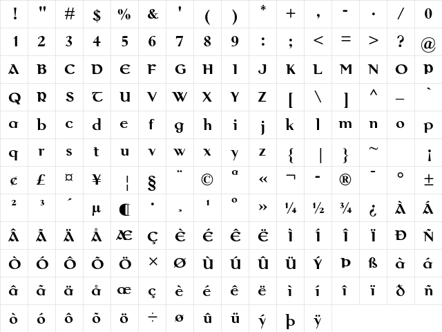 Colmcille MT Std Bold  glyph index