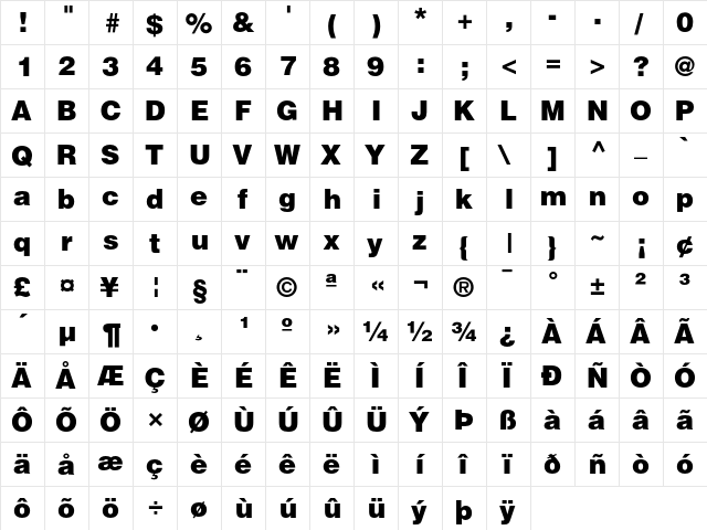 Helvetica Black  glyph index