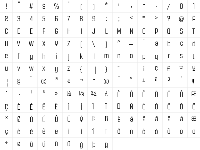 Revolution Gothic Regular  glyph index