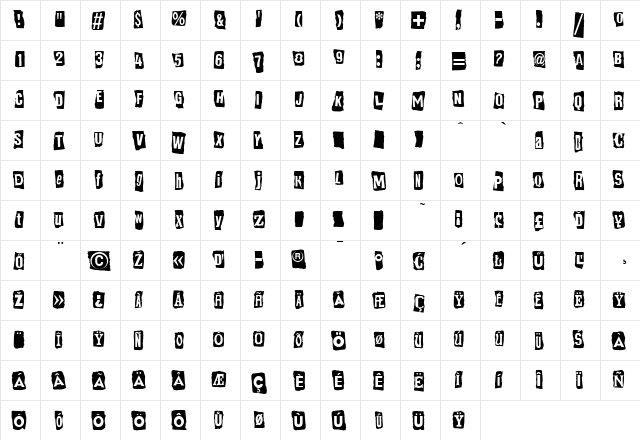 RansomNoteReversed Regular  glyph index