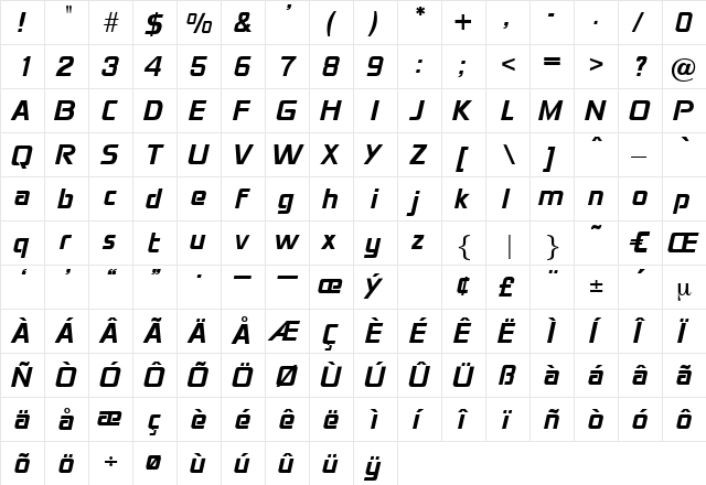 PanamaBold Regular  glyph index