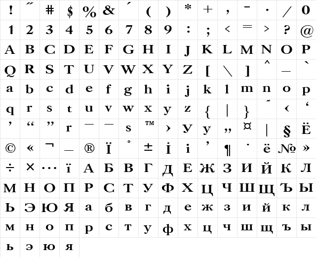 Caslon Bold  glyph index