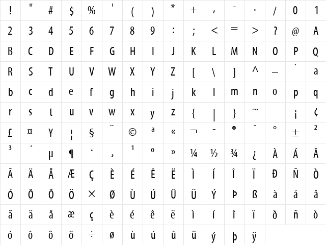 Myriad Pro Cond Regular  glyph index