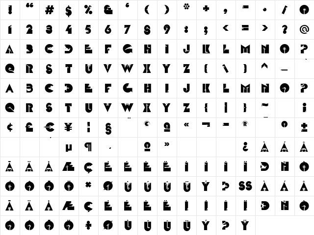 LTZootype Regular  glyph index