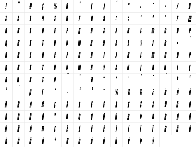 Elastic Lad Condensed Italic Regular  glyph index