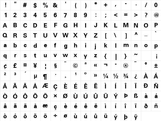 Univers 55 Bold  glyph index