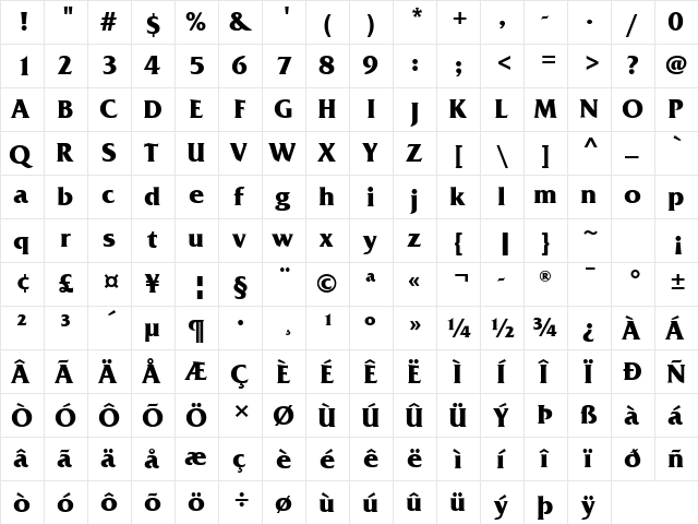 Friz Quadrata Com Bold  glyph index