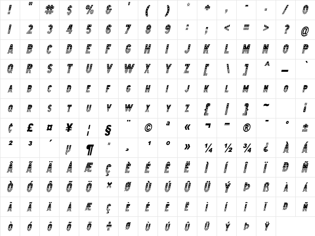 Bunting 2Condensed Italic  glyph index