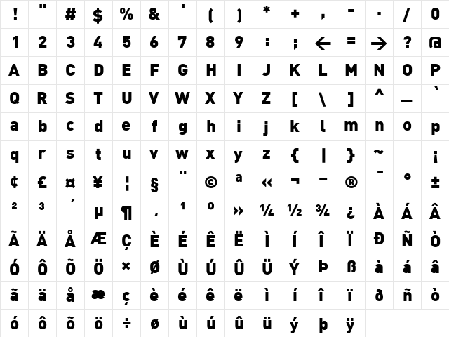 DIN Black Regular  glyph index