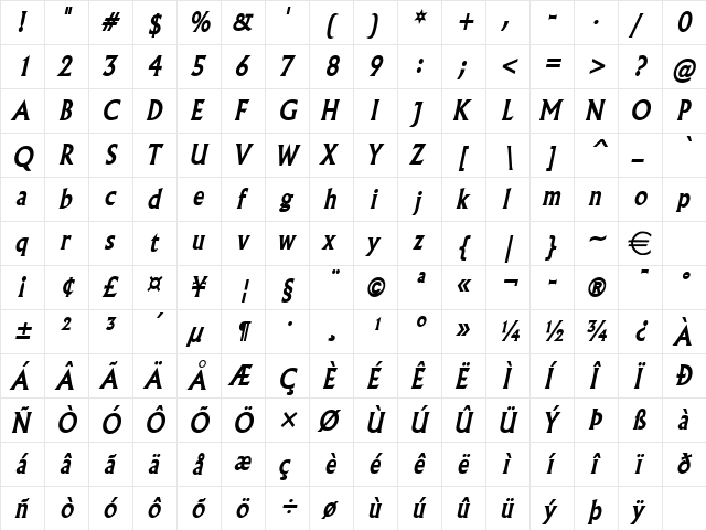 FlairCondensed BoldItalic  glyph index