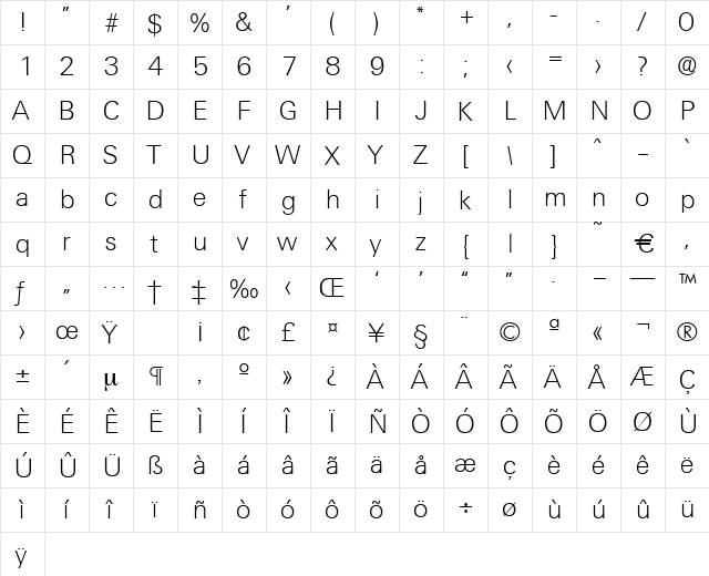 Ultimate-Xlight Regular  glyph index