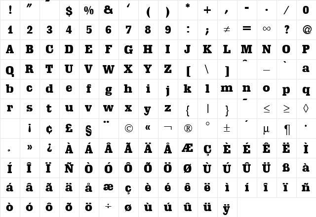 SchadowHeavy Regular  glyph index