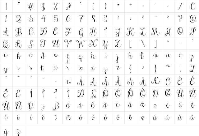 Janda Stylish Script Regular  glyph index