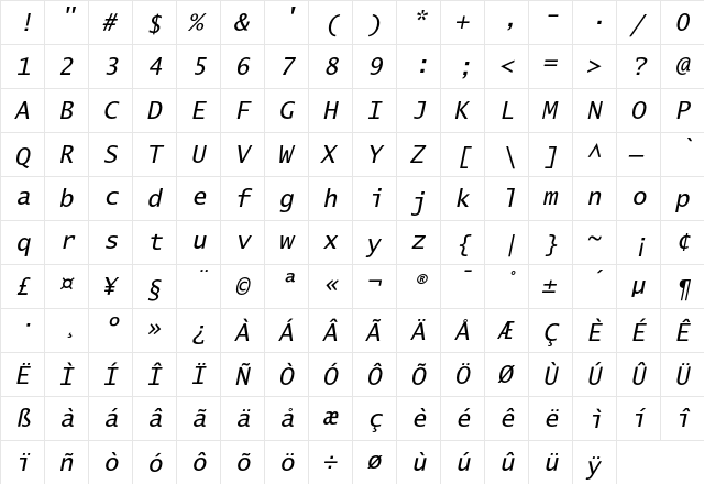 LucidaSansTypeEF Obl  glyph index