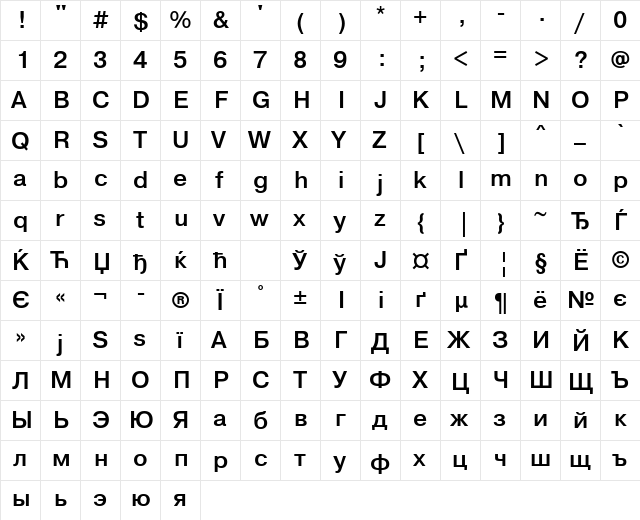 PragmaticaLightCTT Bold  glyph index