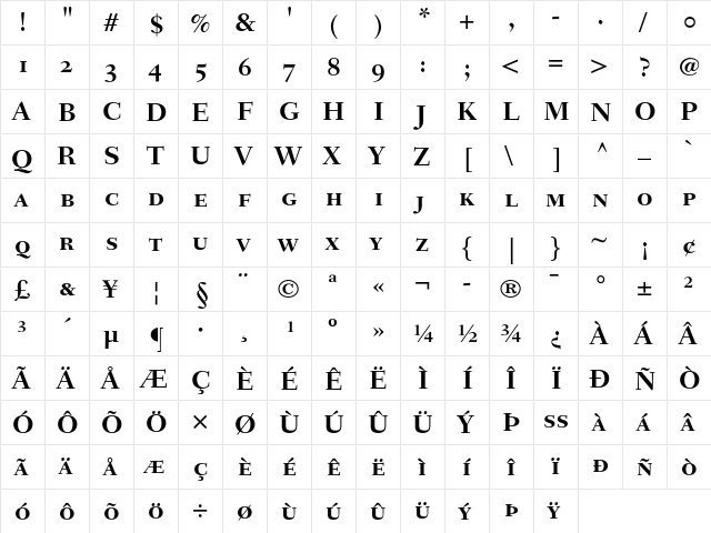 Fairfield LH 75 Bold SC  glyph index