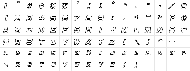 Bachelor Pad Outline JL Italic  glyph index