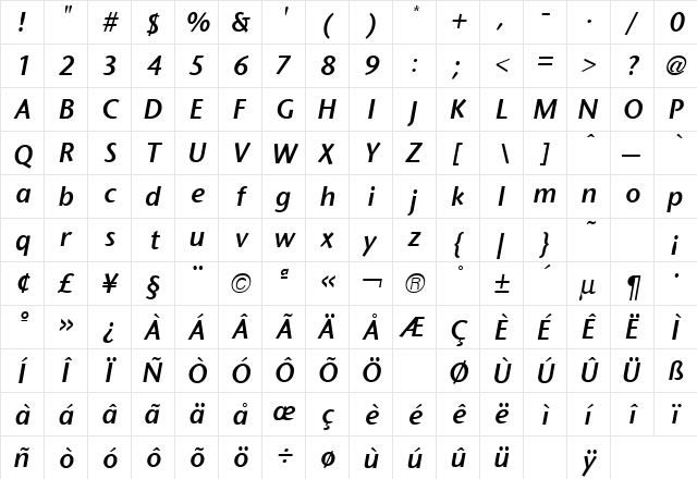 Stone Sans Semi Bold Italic  glyph index