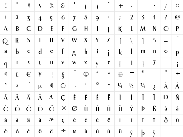 LunaITC TT Bold  glyph index