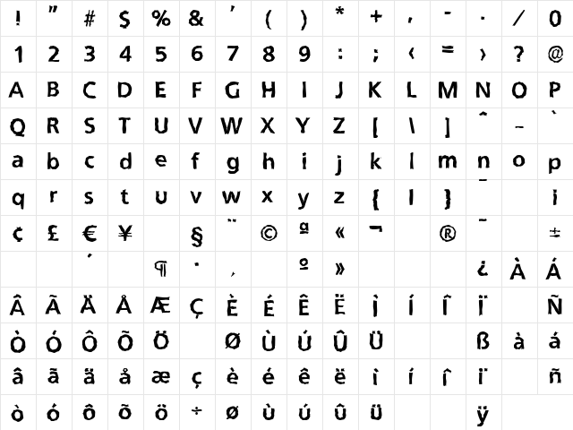 QuebecRandom-Xbold Regular  glyph index