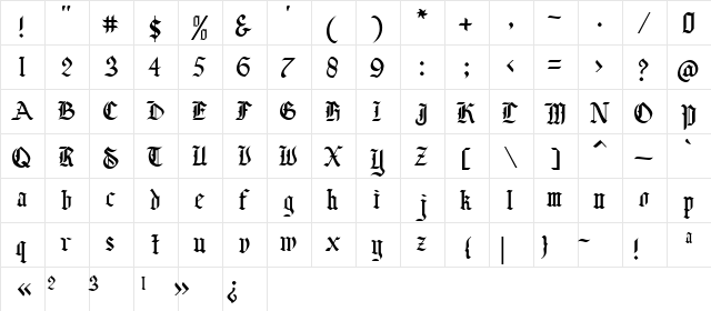 Baliga Blackletter Regular  glyph index