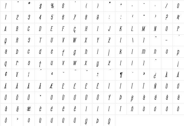 SF Gothican Condensed Bold Oblique  glyph index