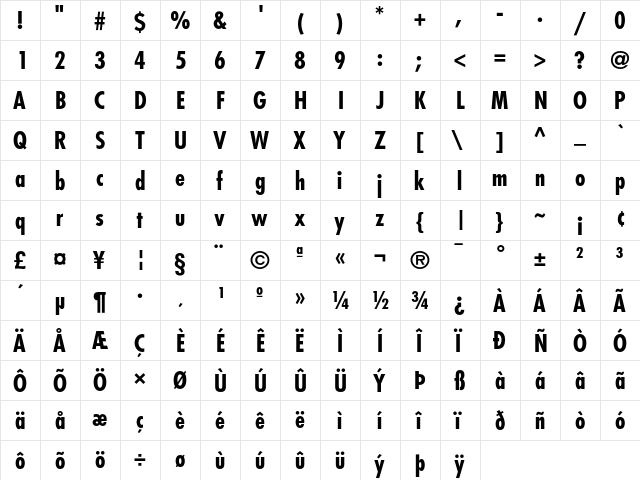 Futura Condensed Bold  glyph index